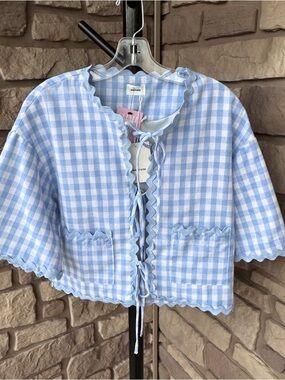AUREUM Light Blue Gingham Tie-Front Cropped Top